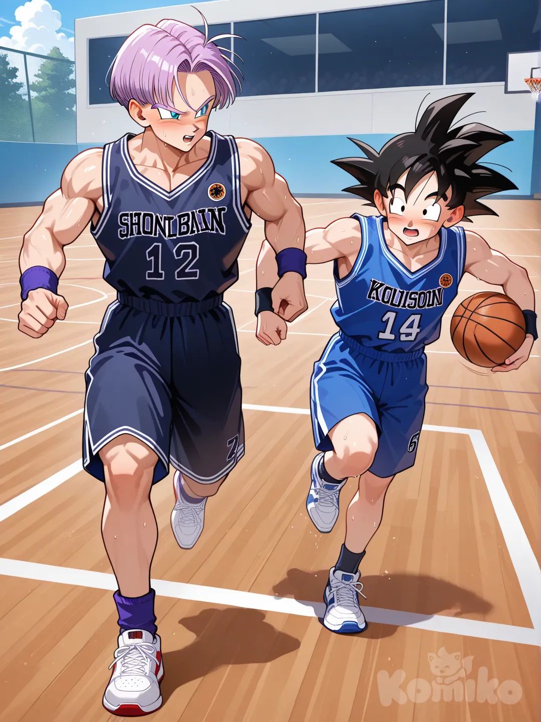 Trunks and Goten playing basketball