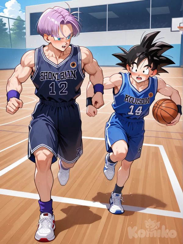 Trunks and Goten playing basketball
