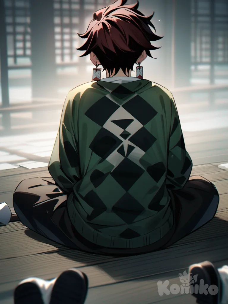 Kamado Tanjirou,demon slayer, sitting on the ground, knitted cardigan, full body, from back side