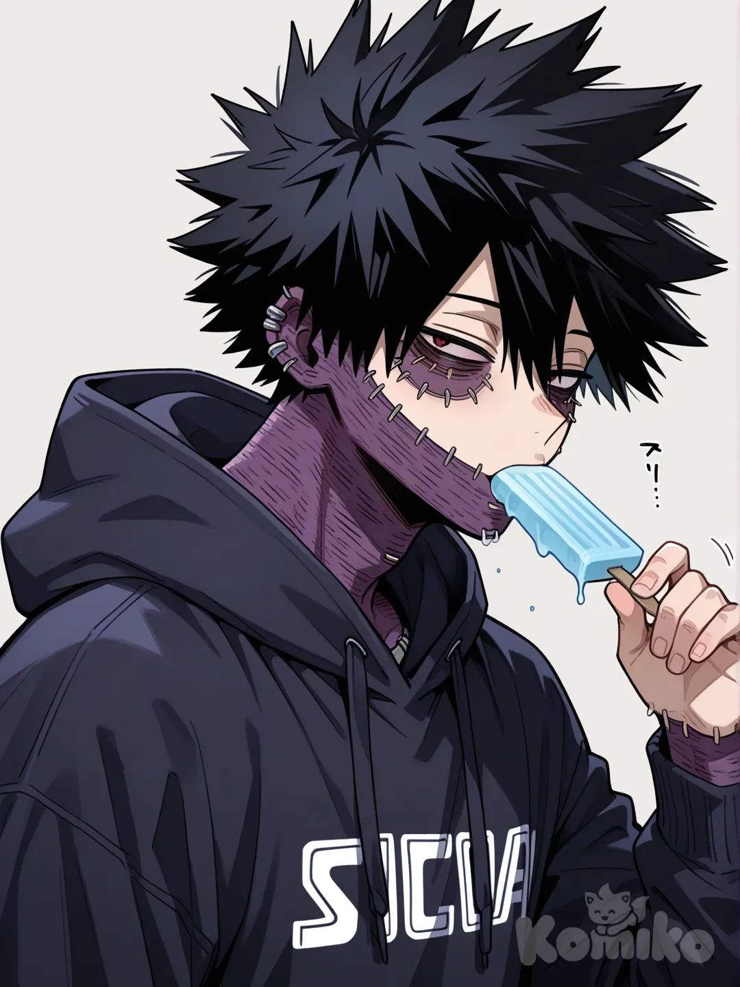 Dabi (Boku No Hero Academia), [glossy-anime-style] eating ice cream, hoodie,1man