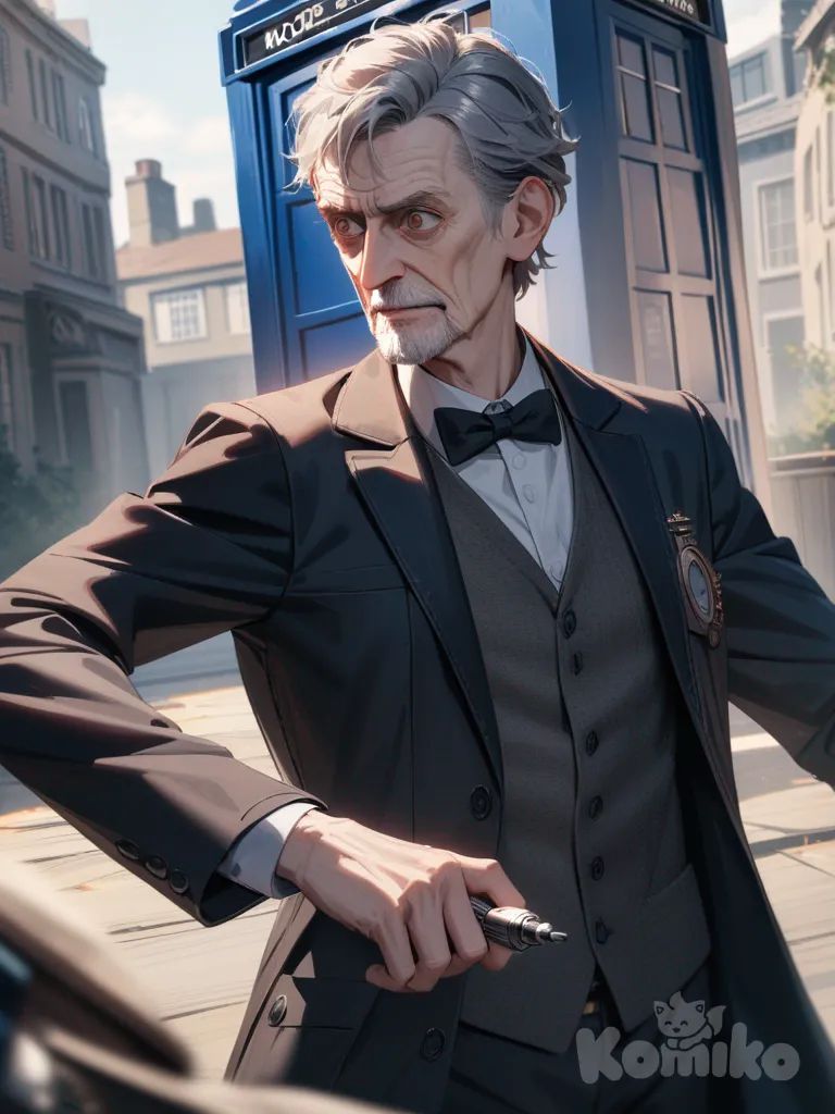 Old man, gray hair, skinny, doctor who, black crombie jacket, waiscoat, sonic screwdriver, tardis, peter capaldi