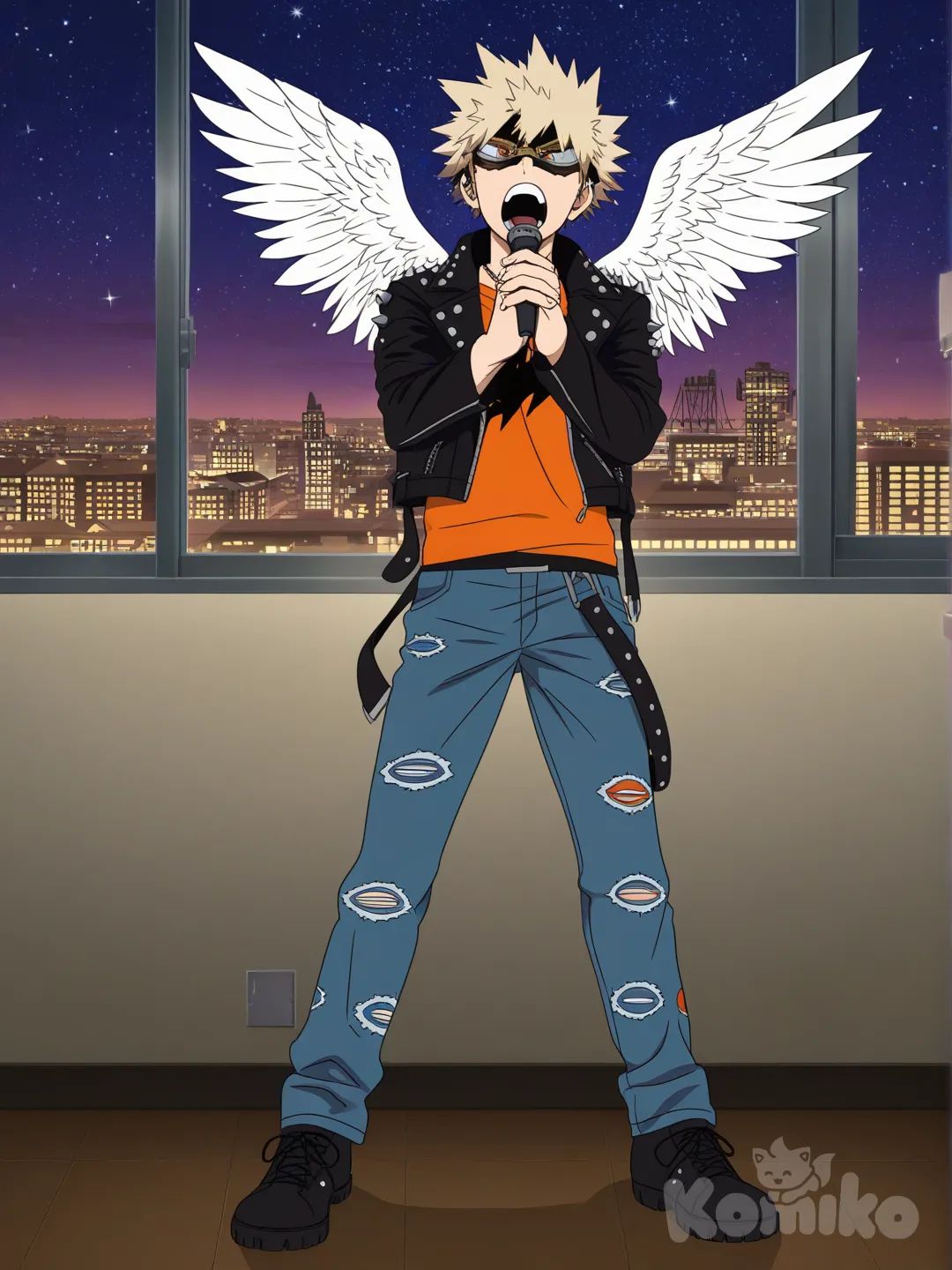 @Bakugou_Katsuki, singing, punk leather jacket, full body, city lights, classroom, jeans, studs, angle wings, steampunk googles