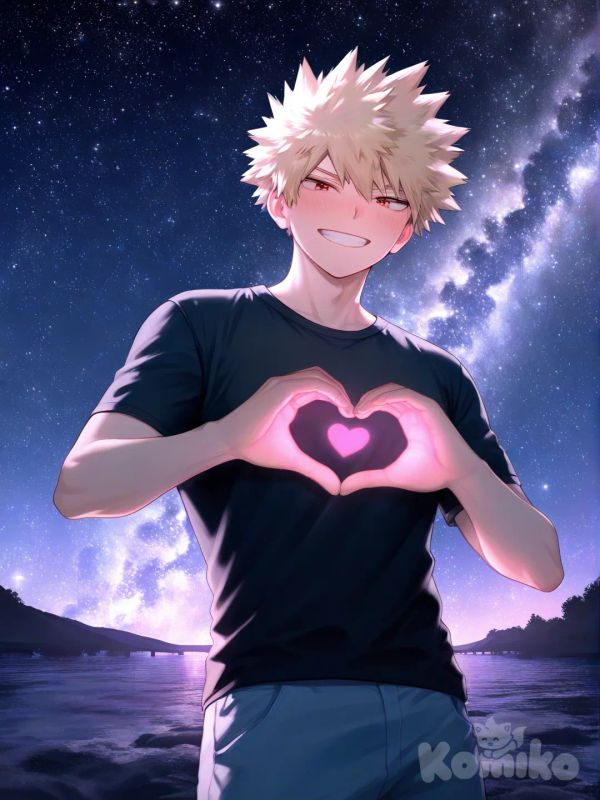 [moody-glow-style], heart hands, smile, blush, t-shirt, casual pants, upper body, looking at viewer, from below, night, pier, starry sky, @Bakugou_Katsuki