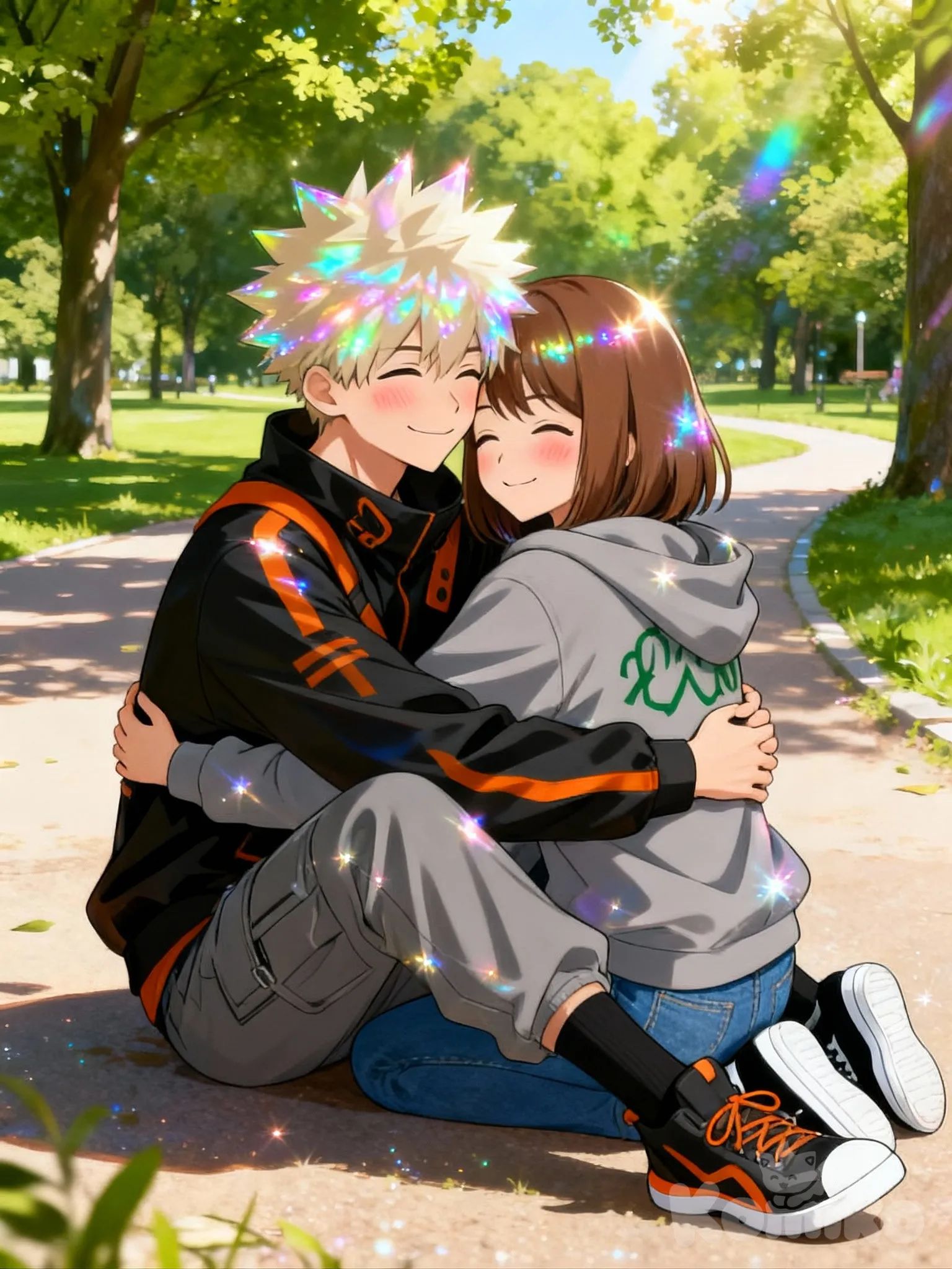 @Bakugou_Katsuki, @jasutisu-WqYH, [iridescent-style], sitting on the ground, back to back, hugging, smile, blush, full body, day, park