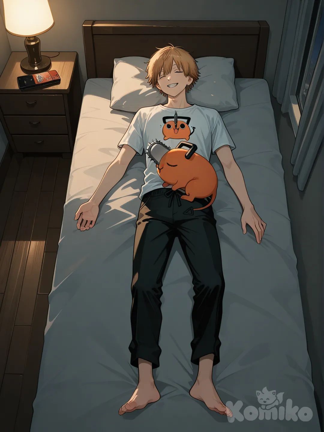 @Denji_(Chainsaw_Man), laying down in bed, smile, t-shirt, casual pants, @Pochita_(Chainsaw_Man), sleeping on person, full body, night bedroom