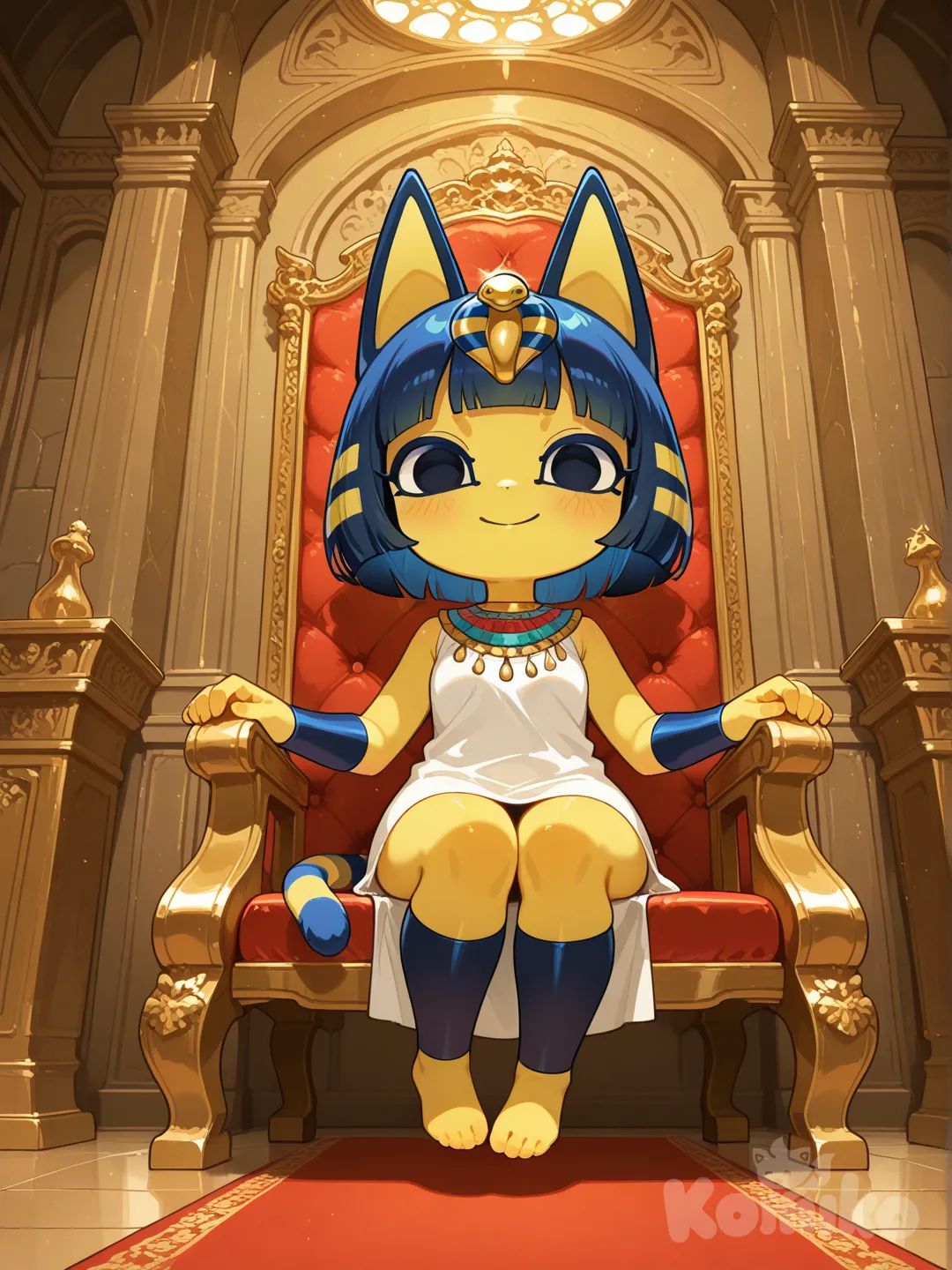 Ankha_(Animal_Crossing), sitting on the ground, smile, crown, full body, day, castle on a throne