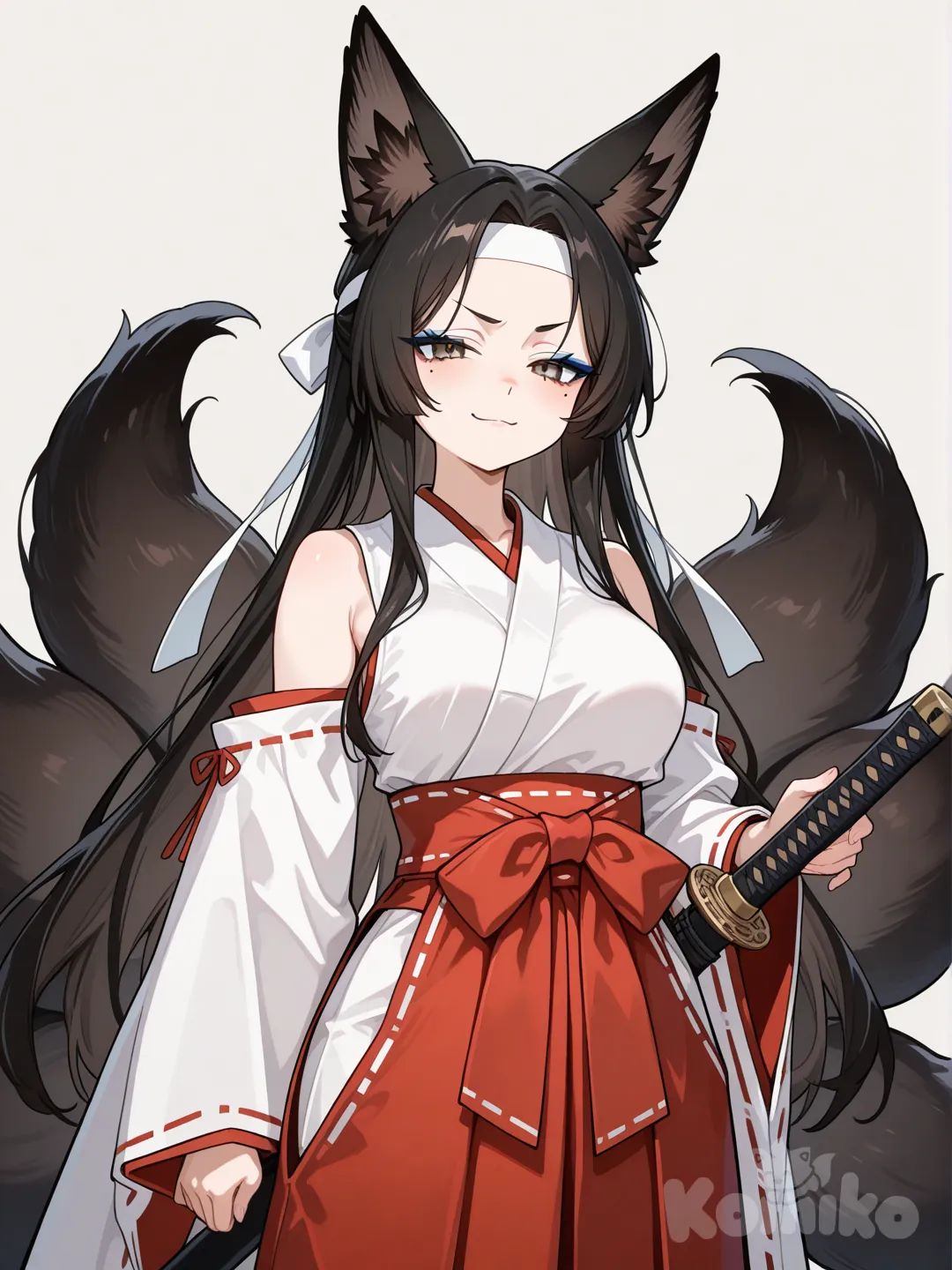 kitsune, Kitsune is an adult woman with long, loose, shoulder-length black hair with white traditional cloth headbands on the sides of her hair, no bangs, an open forehead, and delicate facial features. She has beautiful, thin, black, arched eyebrows, a slender nose, and a mouth with a mole on her left cheek. Her eyes are almond-shaped and brown, with prominent blue circles around them. Her facial expression is sly, serious, and stern, and she is dressed in the traditional attire of a Shinto priestess at a temple. She carries a traditional katana with a Buddhist tsuba on her belt. , clean background