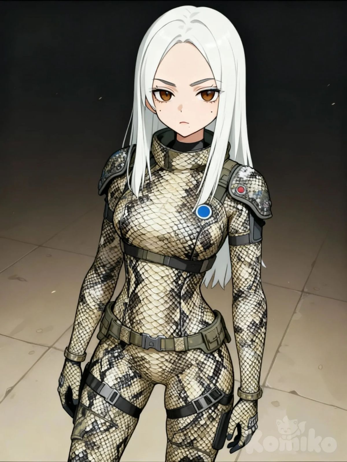 zenless zone zero, Anime style, loose white hair long Female Straight Hair without Bangs with a bare forehead, The shape of the head is oval, straight and long arched eyebrows long with a hint of steel color, his expression is calm and neutral and his eyebrows are serious, Mendaliform eye shape slightly wide, iris color is brown with blue circles near brown pupils, cheekbones, mole around lip, slim athletic build, tactical military suit with body armor and shoulder pads and knee pads elbow protection parts, camouflage color - winter camouflage but with a color similar to the skin of snake scales, calm pose, straight arms to the sides