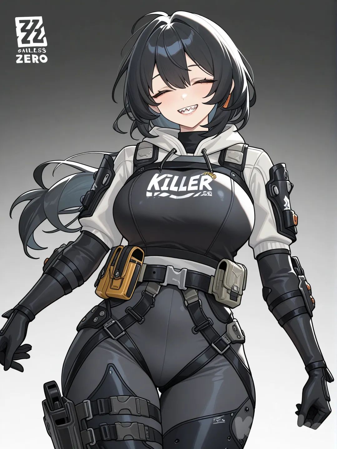Zenless Zone Zero, 1girl, mature woman, Eyes Always Shut, toothy smile with sharp teeth, tall woman, tiren killer whale, tactical suit with body armor and unloading, loose long hair