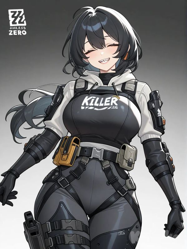 Zenless Zone Zero, 1girl, mature woman, Eyes Always Shut, toothy smile with sharp teeth, tall woman, tiren killer whale, tactical suit with body armor and unloading, loose long hair
