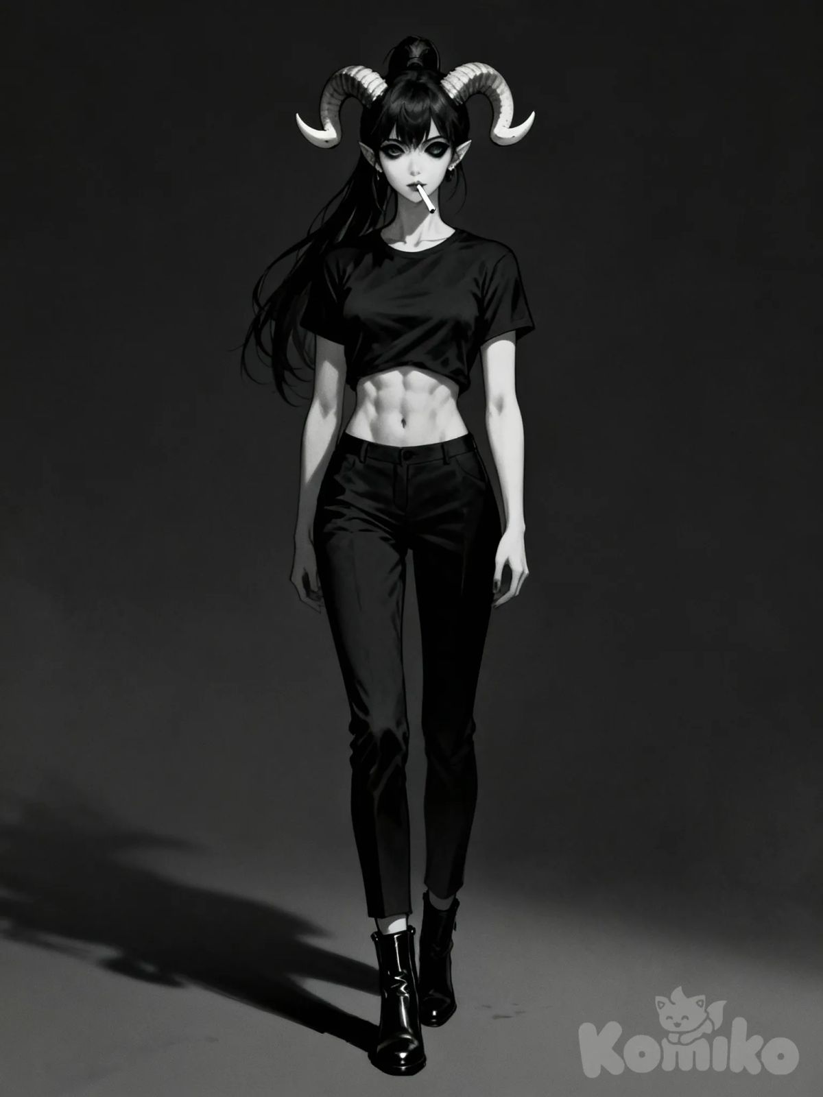 Zenless Zone Zero, arched banana horns, long black loose hair in a high ponytail, woman demon, mendala-shaped black eyes, circles under eyes double eyelid, athletic body with six-pack abs, tall and stately demon woman, black T-shirt without inscriptions and black trousers with ankle boots, serious and mature serious face, gothic style, looking at viewer, full body, cigarette in mouth