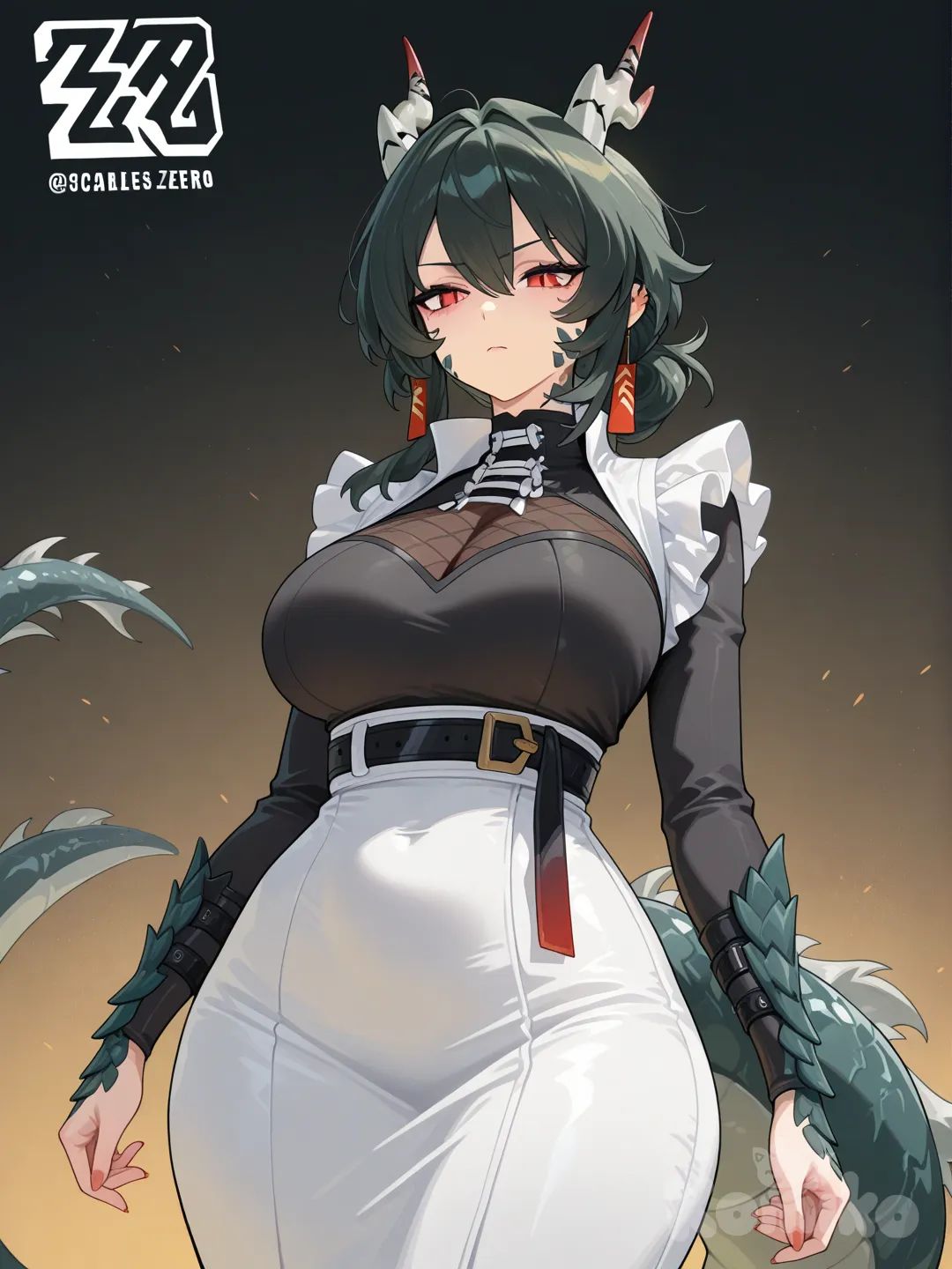 zenless zone zero, dragon woman, expressive calm scarlet crimson eyes with black pupils like those of reptiles, serious, mature woman 