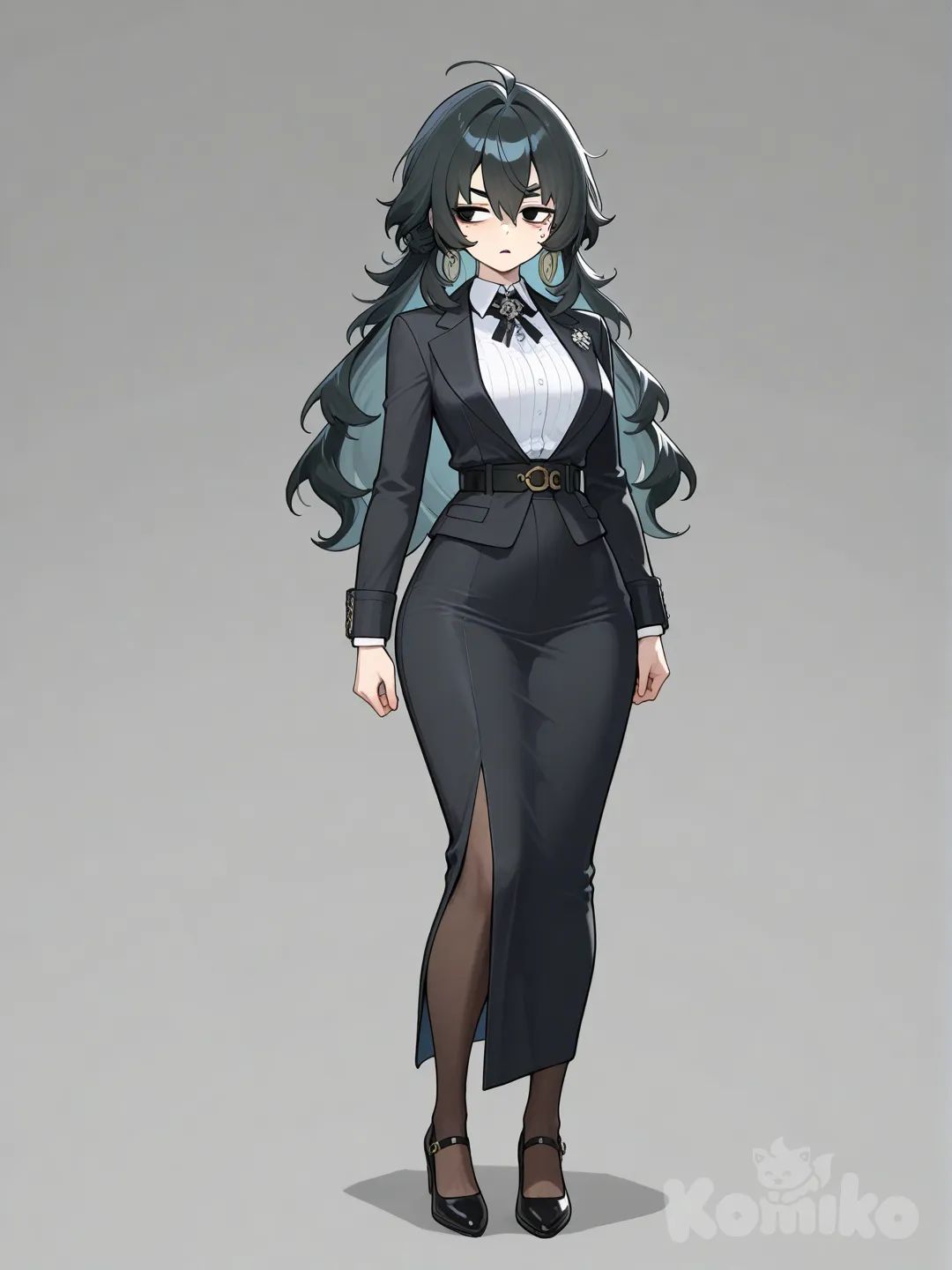 zenless zone zero, Amature girl, middle-aged and not very old, A girl of medium height, Athletic build, Slim waist, Hourglass waist shape, Slightly wide hips, Long black hair in a hairstyle of the 80s, oval head shape, black expressive eyebrows thin, almond-shaped eye shape, Black eye color, with blue rings near the black pupils of the eyes, Thin lips, a mole on her face, dressed in modern clothes and semi-office and chaotic Gothic style with, face stoic, mature female, full body, looking away, bags under the eyes, mature face serious
