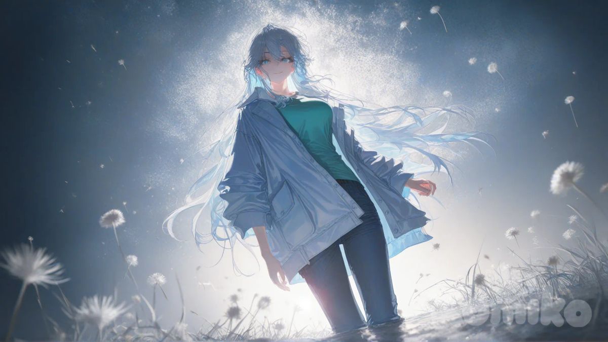 (ultra-8k resolution), anime illustration, dynamic angle,
1girl, (aqua-blue hair with white streaks:1.3), long twin tails, mature female, beautiful eyes, confident smile, (facing viewer:1.2), looking at viewer,
(white oversized jacket:1.2), blue jeans, standing in a shallow lake,
(many dandelions growing on the riverbank:1.3), (fluffy dandelion seeds floating in the air:1.4), dandelion puff, (sunlight illuminating dandelion seeds:1.2), lush greenery, reeds,
(from below:1.1), (sunlight beams radiating from behind the camera, lens flare:1.3), dramatic lighting, backlighting, rim light, atmospheric,
vibrant color palette, vivid colors, anime key visual style, official art, background, [soft-light-illustration-style]