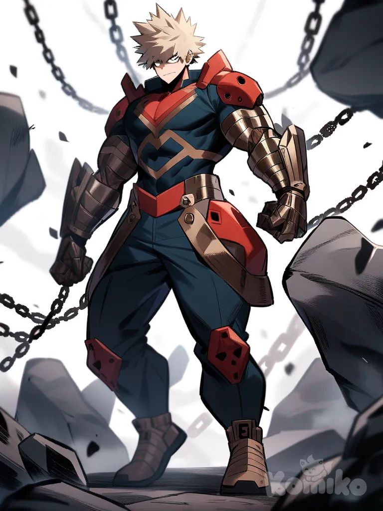 1boy, Personaje del universo de My Hero Academia, estilo Bakugo, brazo completamente metálico, cadenas, My Hero Academia style, original character in the world of My Hero Academia, single character, full body, looking at viewer, simple background, white background