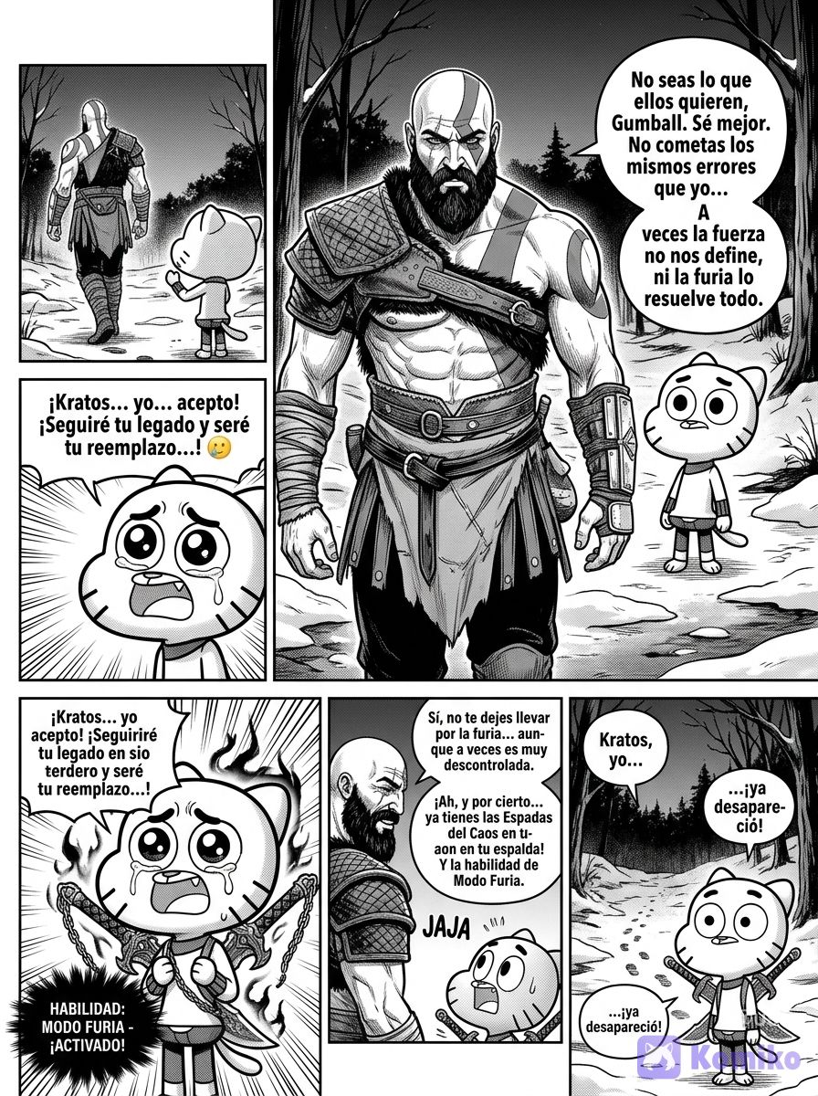 persona Gumball y kratos estén en un bosque casi nevado y que la nieve se esté derritiendo y anocheciendo y que estén caminando y que kratos le diga a gumball consejos y palabras savios "no seas lo que ellos quieren,se mejor,no cometas los mismos errores que yo,a veces la fuerza no nos define,ni la furia lo resuelve todo ," y después kratos se comience a irse y después gumball diga "kratos...yo...,acepto seguiré tu legado y seré tu reemplazo.... 🥲" Y después kratos diga "jaja....,si ,no te dejes llevar por la furia aunque a veces es muy descontrolado,ah y por cierto ya tienes las espadas del caos y ya tienes la habilidad de modo furia"y después gumball mire sorprendido y después nota que tiene las espadas del caos en su espalda y después diga "kratos yo...." Y después gumball gire y ve que kratos ya no está, [grayscale-manga-style] <dominant-panel>