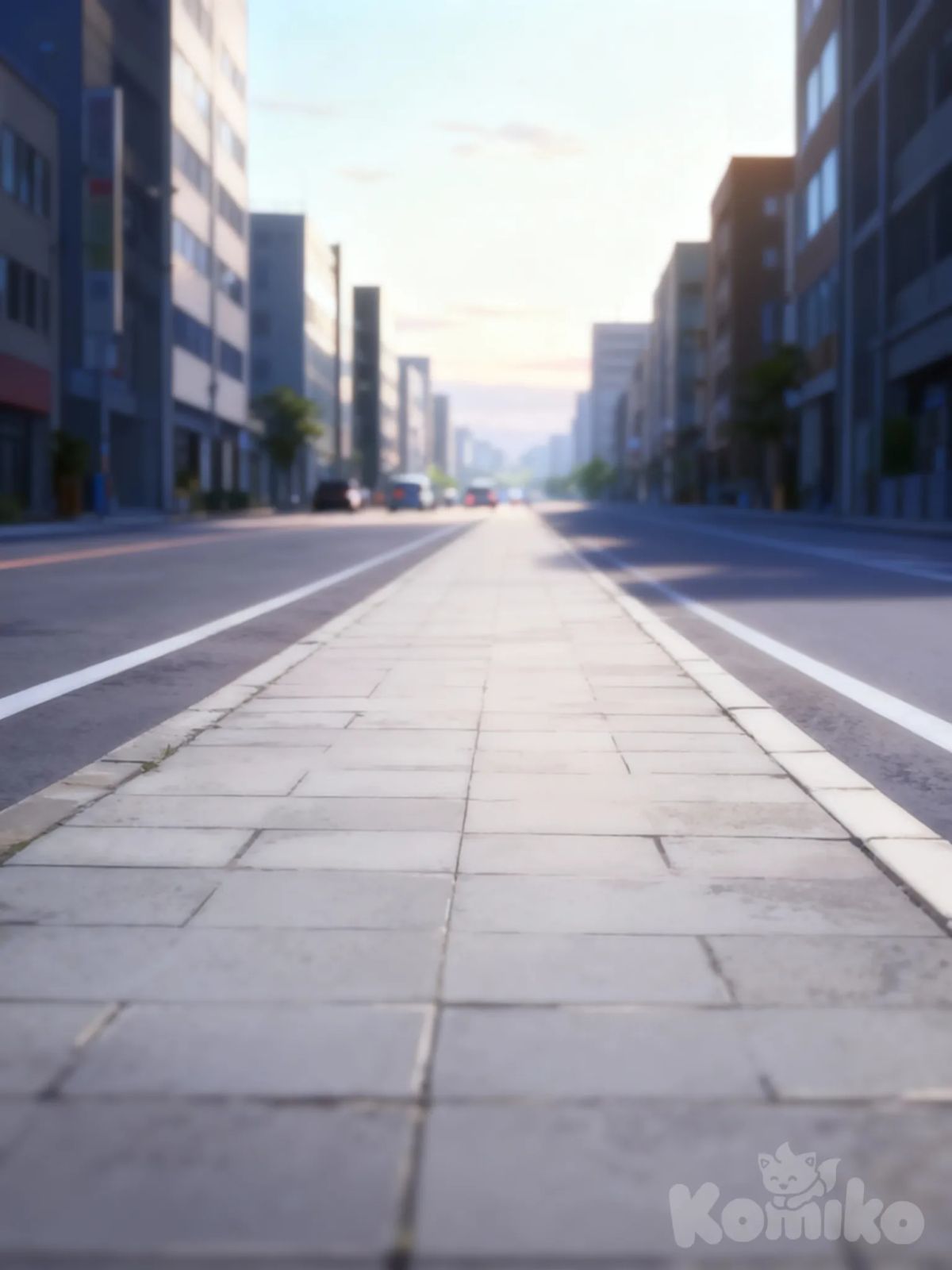 Clean anime-style modern city street background, wide empty footpath, light traffic far behind, soft Afternoon 
 lighting, buildings on both sides, clear sky, simple details, perfect for a walking animation scene, road side front-view camera angle, high-quality, sharp, non-blurry.”