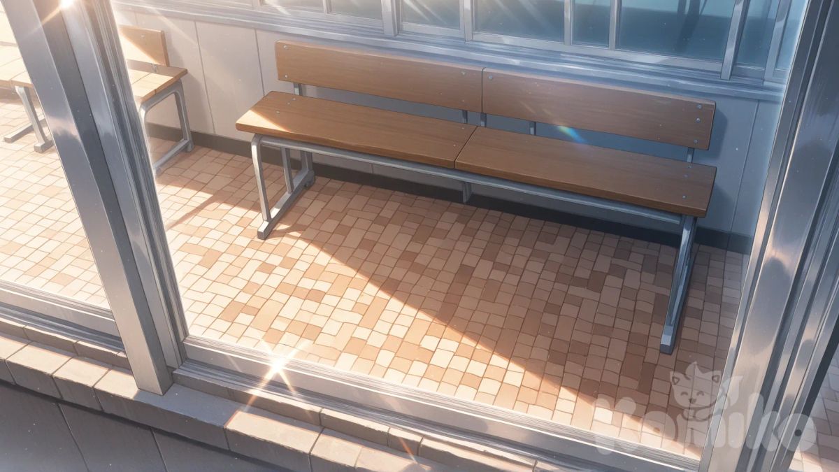 A new school bench look like Glitter There will be soft light coming from outside, the camera angle will be slightly angled so that it looks good from the top left corner.[bright -anime-style] no blurry