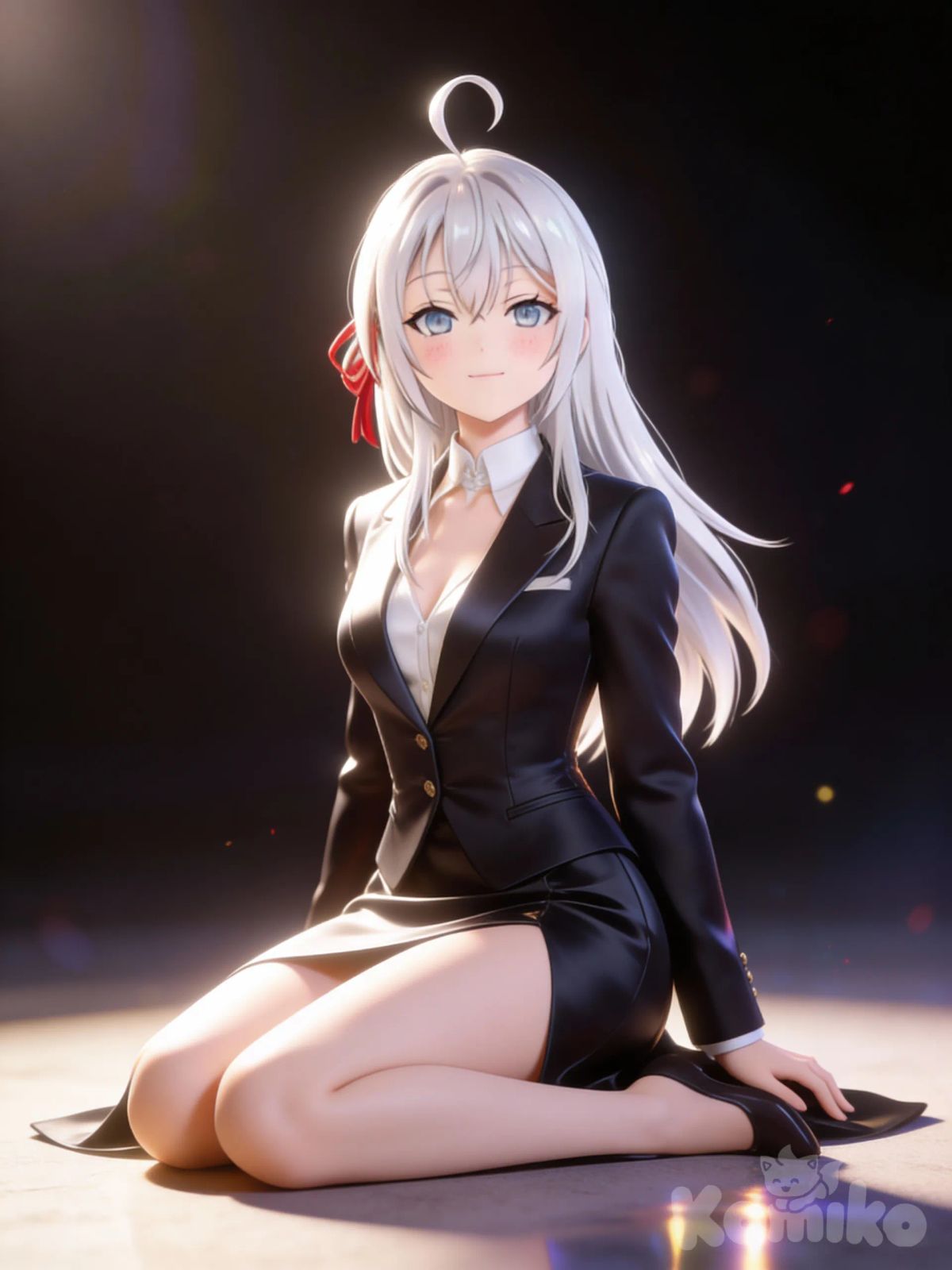 @Alisa_Mikhailovna_Kujou, sitting on the ground, blush, evening dress, suit, cinematic lighting, [3d-anime-style]