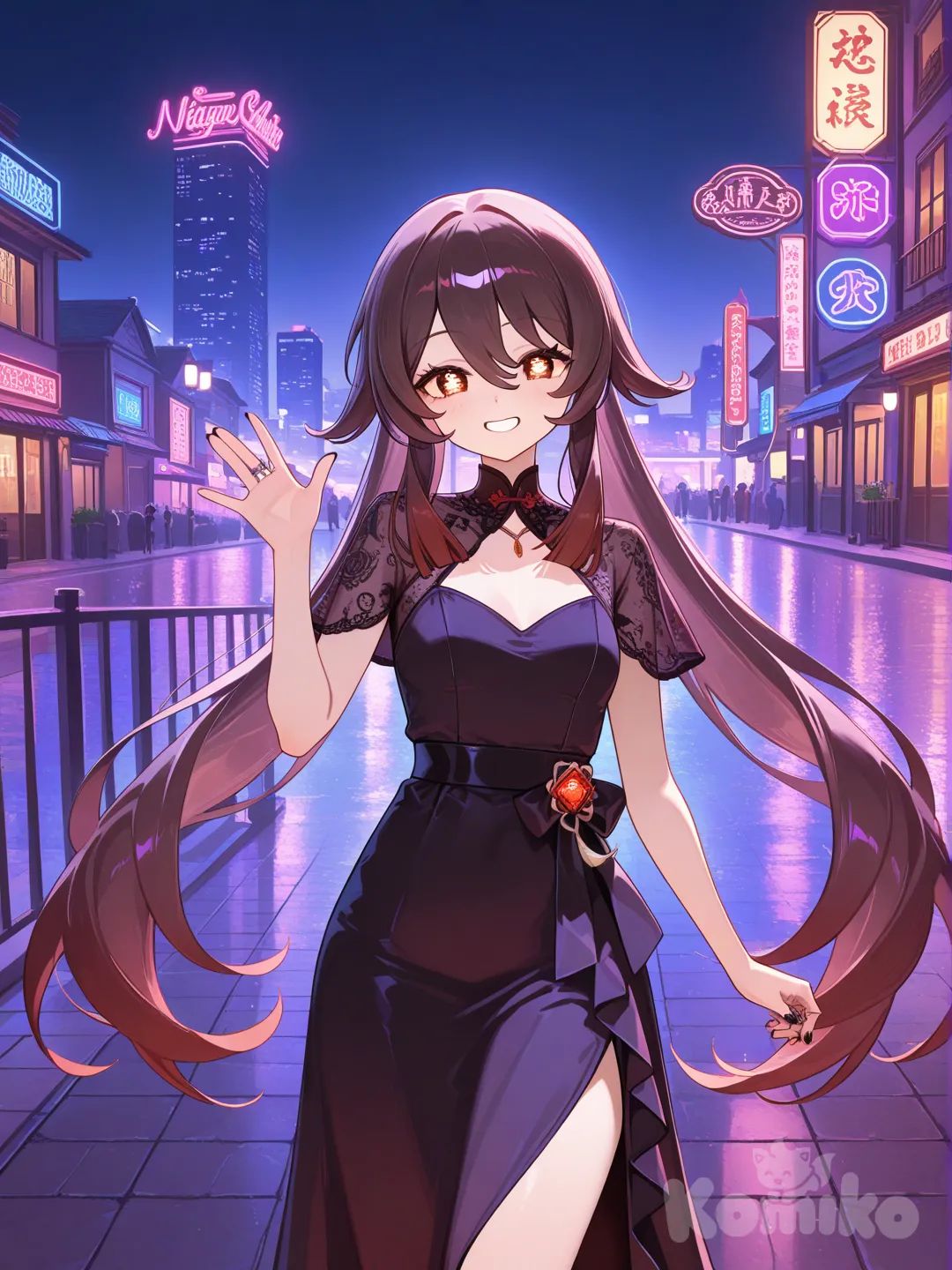 @Hu_Tao_(Genshin_Impact), waving, smile, neon lights, evening dress
