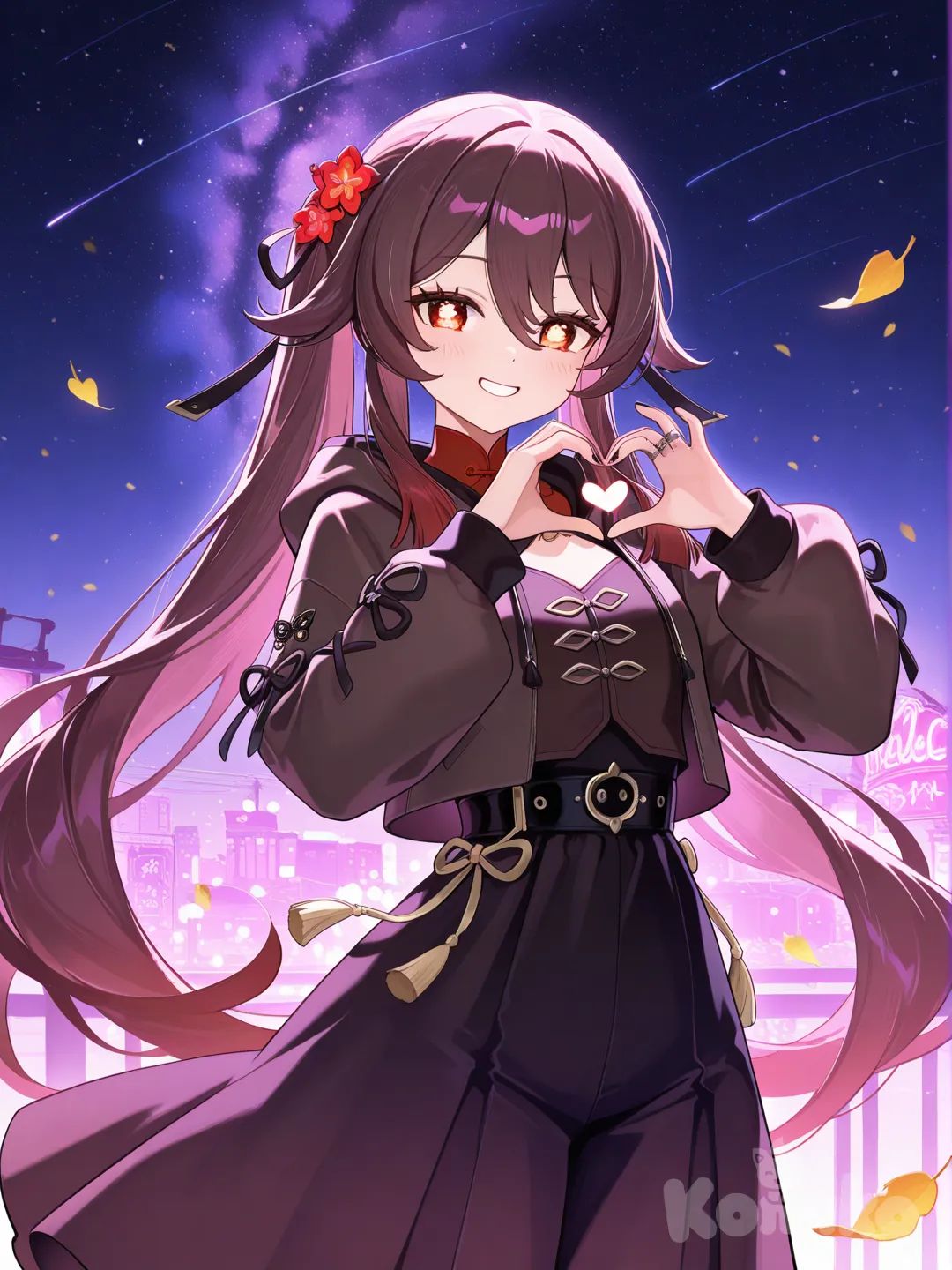 @Hu_Tao_(Genshin_Impact), heart hands, smile, tuxedo, evening dress, hoodie, cinematic lighting, neon lights, leaves falling, starry sky, cosmic background