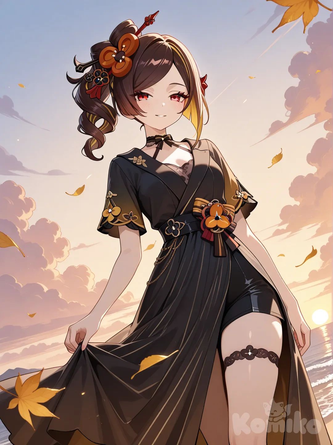 cinematic lighting, leaves falling, smile, Chiori (Genshin Impact), crown, tuxedo, little black dress, evening dress, suit, beach shorts, t-shirt