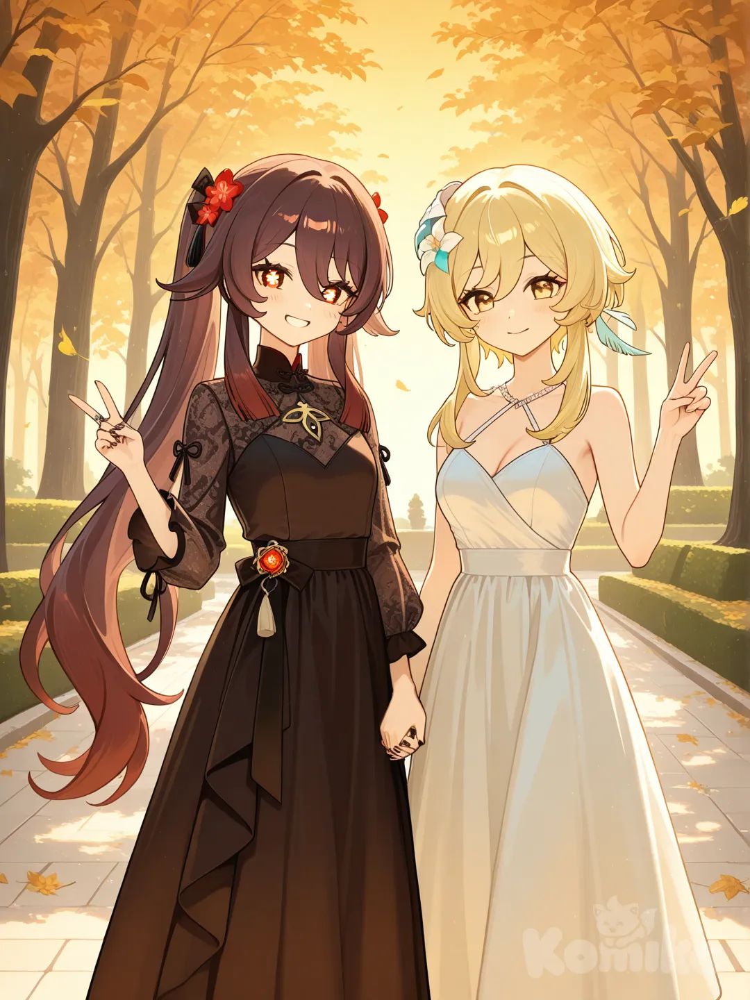 @Lumine_(Genshin_Impact), @Hu_Tao_(Genshin_Impact), holding hands, 2people, v sign, smile, evening dress, cinematic lighting, park, garden, leaves falling