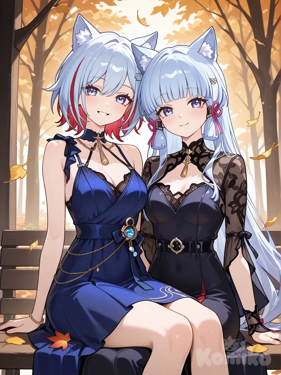 @Topaz_(Honkai:Star_Rail), @Kamisato_Ayaka, smile, evening dress, little black dress, cat ears, navy blue, front profile photo, cinematic lighting, leaves falling, sitting on lap