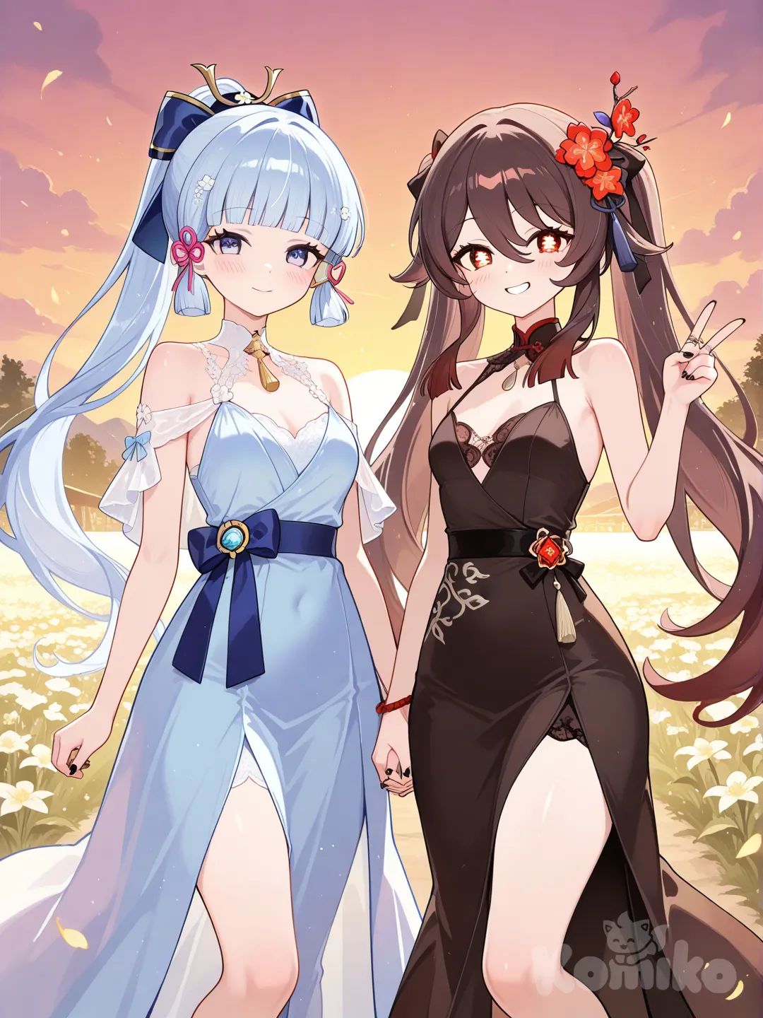 @Kamisato_Ayaka, @Hu_Tao_(Genshin_Impact), v sign, holding hands, smile, evening dress, flower field, leaves falling