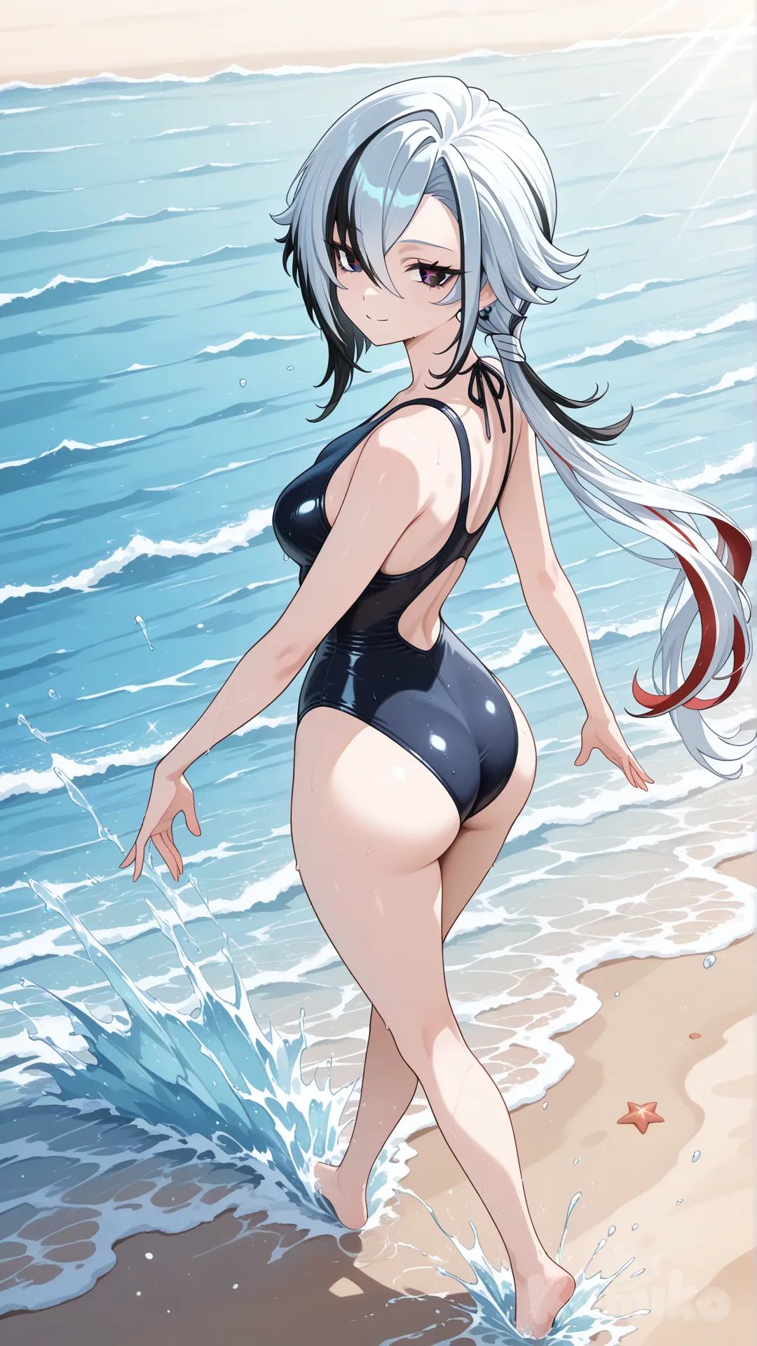 Arlecchino (Genshin Impact)

#big sister style , good figure , 

#side view 

 # upper body (Focus on the upper body, from the waist up.)

#looking at viewer #full body#, up view , #full body ,from above , day , funny , relaxed, anime style , 

#cool post

, black swimming suite onepiece

relax , Taking a stroll, play water on a beach , splash , in a sunnyday , in the beach , It has a view of the sea and beach as a backdrop