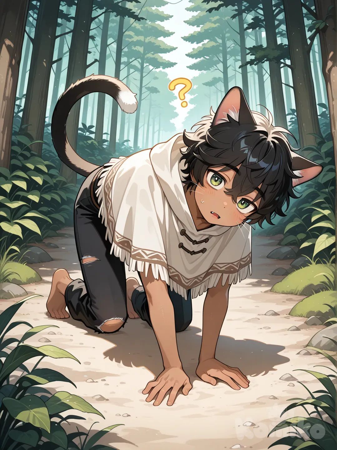 Japanese male, messy hair, black hair, cat ears, cat tail, white poncho, black torn pants, tan skin, green eyes, fangs, forest, confused, head tilt, full body, crawling, barefoot, whiskers