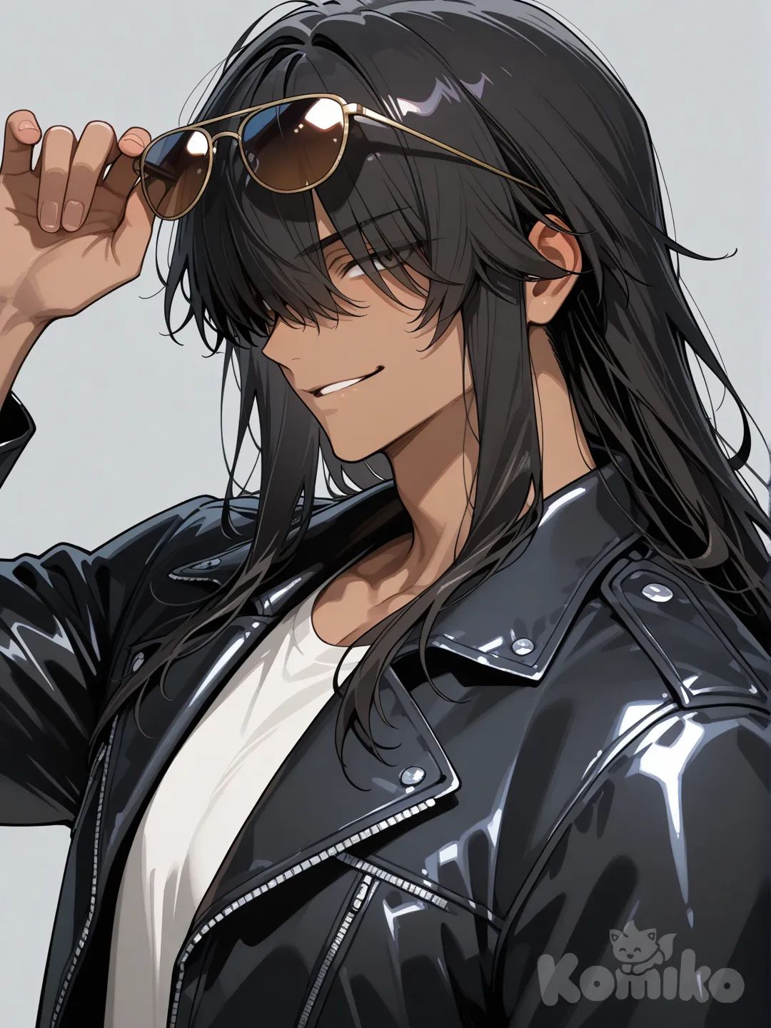 Male, long black hair, tan skin, shades, hazel eyes, long black biker jacket, white shirt, lowering glasses, serious, hair over eyes, grabbing glasses, smirk, looking at viewer, side profile photo