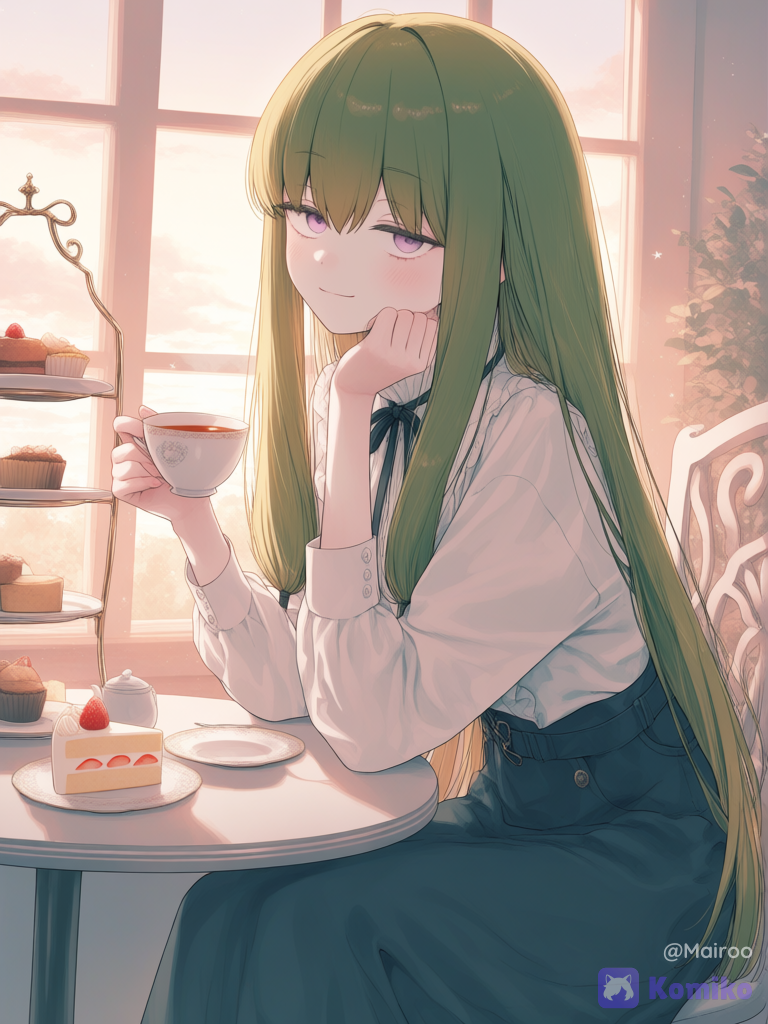 Green hair girl in the cafe