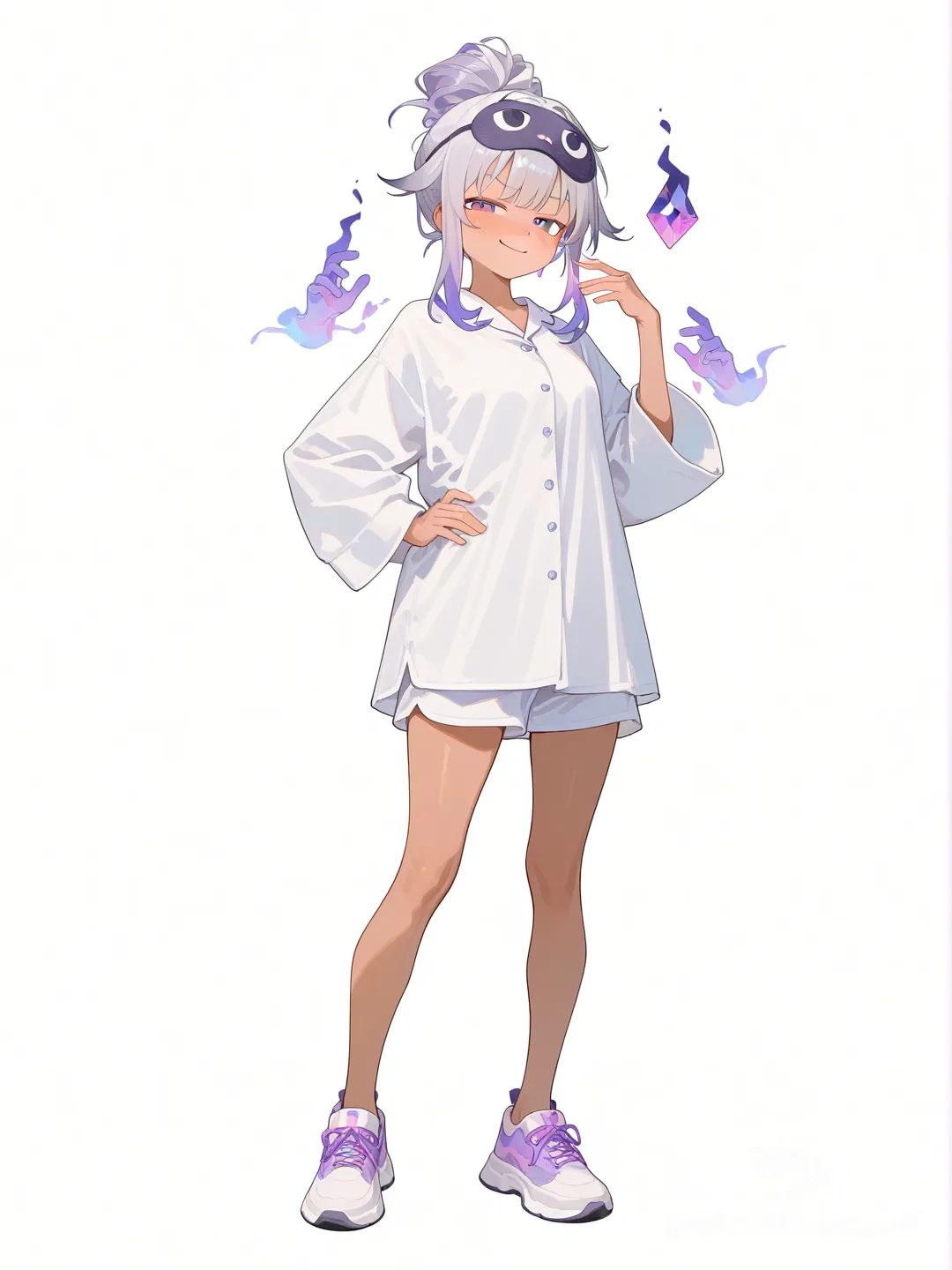 1girl , anthropomorphic, handsome, floppy_ears, red_eyes, smug_face, expressive_eyes, single character, full body, looking at viewer, anime style, simple background, white background , dark-skinned female , full body , [soft-shading-style] , koseki bijou, hololive, white ivory white, gradient, white pajamas , sleep mask, ghost pose, standing, updo
