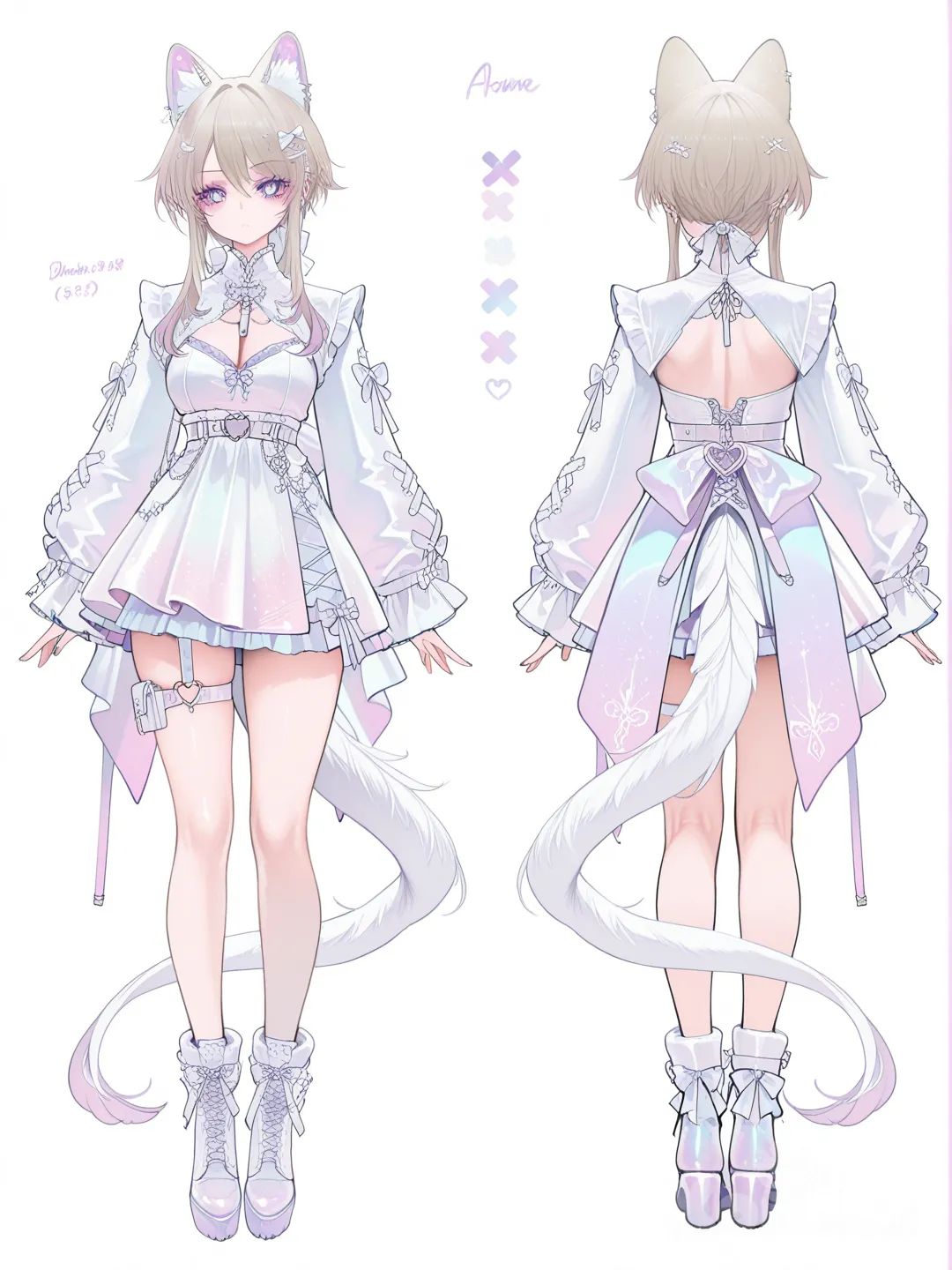 Create a character design sheet featuring a teenage anime-style female character , white tail , ohisashiburi , dishwasher1910