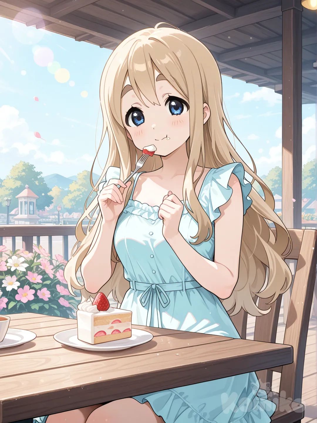 Kotobuki Tsumugi savoring a slice of cake 