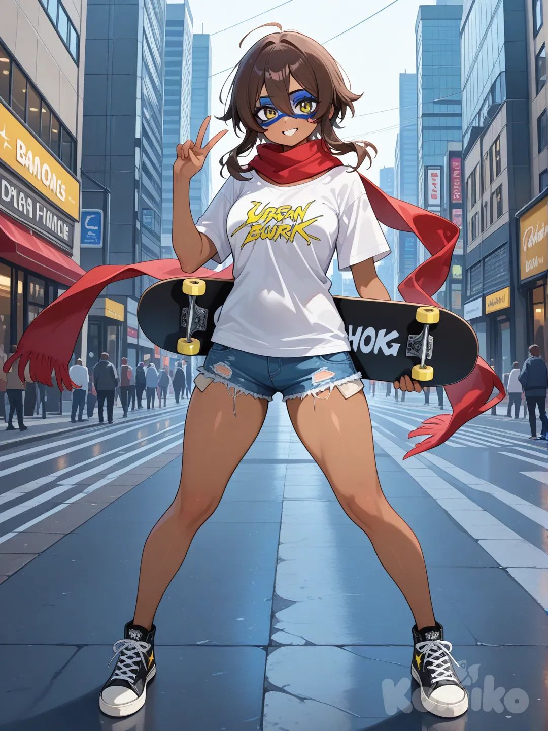Mujer pelo media melena con flequillo bajo color marrón, color de piel marrón, bufanda roja muy larga , blusa blanca "BAM" con un rayo amarillo , senos medianos, short de mezclilla corto , tenis converse negros , v sign, cuerpo completo , mascara de dominó azul, cuerpo atlético,piernas abiertas ,calle de new york. Skateboard.