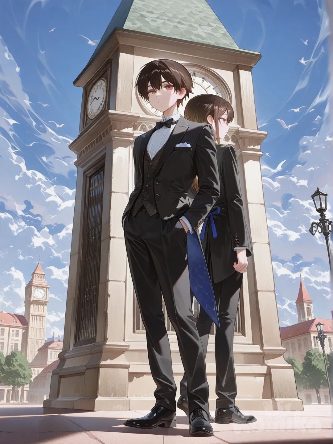 2boys, [high-gloss-illustration-style], back to back, expressionless, tuxedo, charcoal black, full body, clock tower, brothers tall, brown hair.