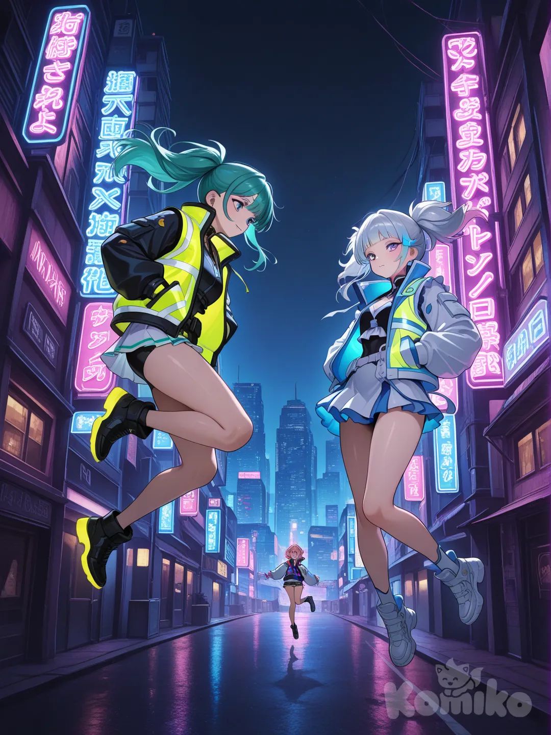 2girls, [glossy-anime-style], hands in pockets, jumping in the air, neon vest, white mini skirt, ruffles, full body, neon lights, cityscape