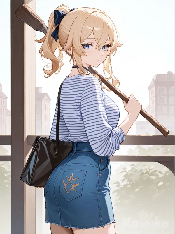 free!, @Jean_(Genshin_Impact), looking back, striped shirt, denim skirt, looking away