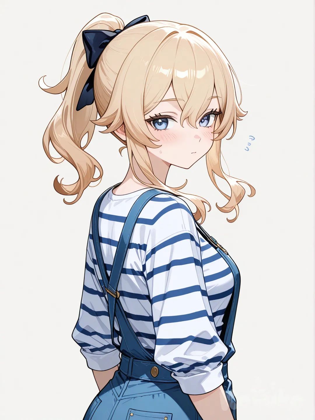 @Jean_(Genshin_Impact), looking back, blush, striped shirt, overalls