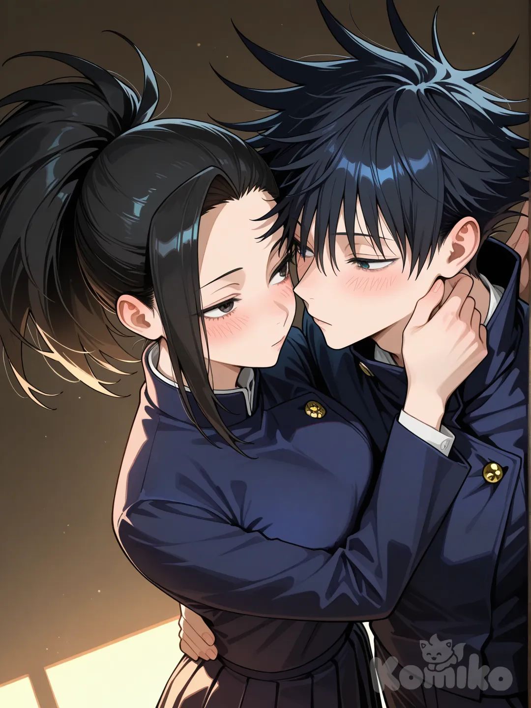 @Yaoyorozu_Momo, con ojos alargados y expresivos, piel clara y luminosa, cabello negro mate recogido en una coleta alta y puntiaguda, y un mechón liso y afilado cayendo sobre su frente del lado derecho, se encuentra en una escena romántica con @Fushiguro_Megumi, un joven delgado de cabello negro con puntas despeinadas y ojos azul oscuro intenso, ambos vistiendo los característicos uniformes de jujutsu kaisen; él, más alto que ella escenas romaticas