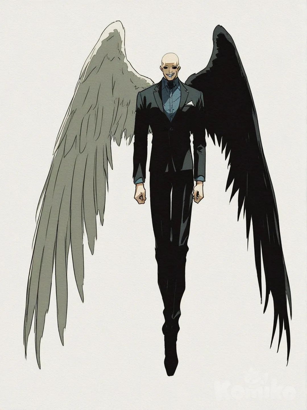 1boy, angel, only one eye, blackwhiplash, angel wing white (half), angel wing black skin (half), white eye, black sclera, pupilless, noseless, earless, bald, levitating, single character, full body, looking at viewer, simple background, white background, white skin, formal suit, one Big eye, smile, sharp teeth, [action-manga-style]