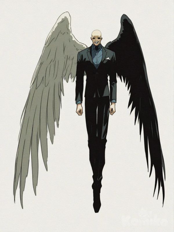 1boy, angel, only one eye, blackwhiplash, angel wing white (half), angel wing black skin (half), white eye, black sclera, pupilless, noseless, earless, bald, levitating, single character, full body, looking at viewer, simple background, white background, white skin, formal suit, one Big eye, smile, sharp teeth, [action-manga-style]