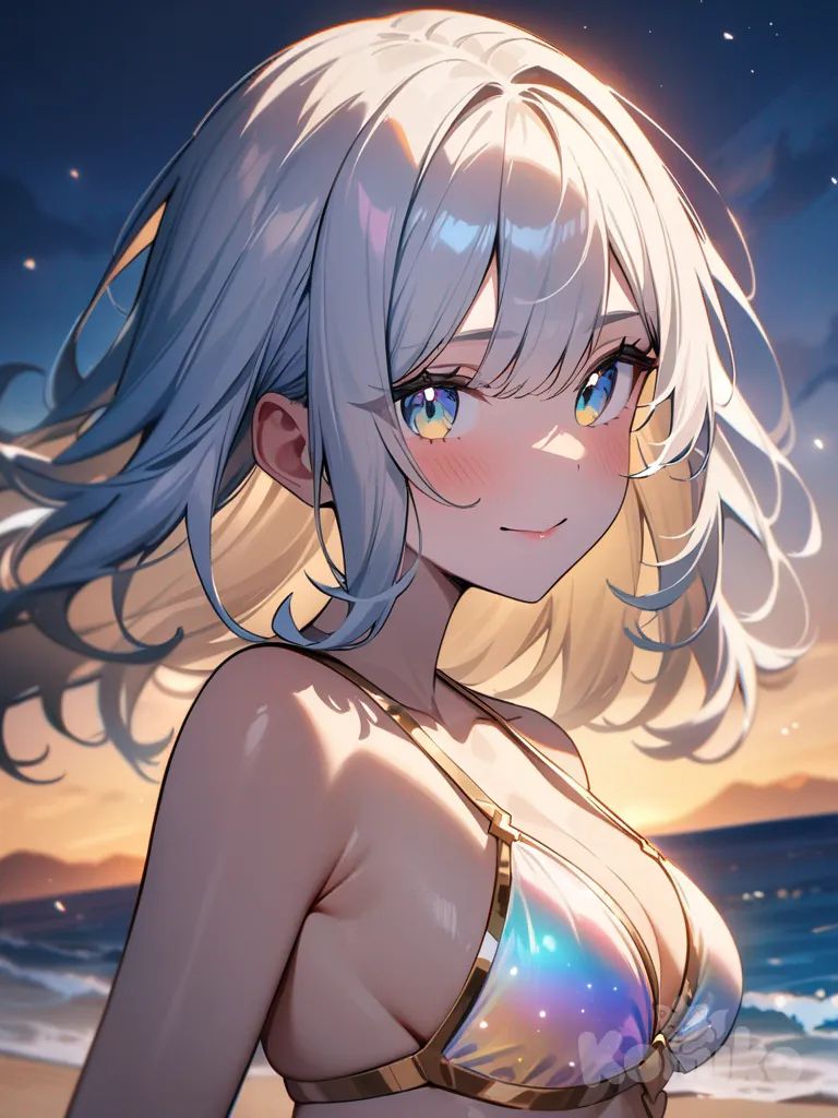 Girl in gold and glowing, sparkling opal colored bikini, on a beach at sunset