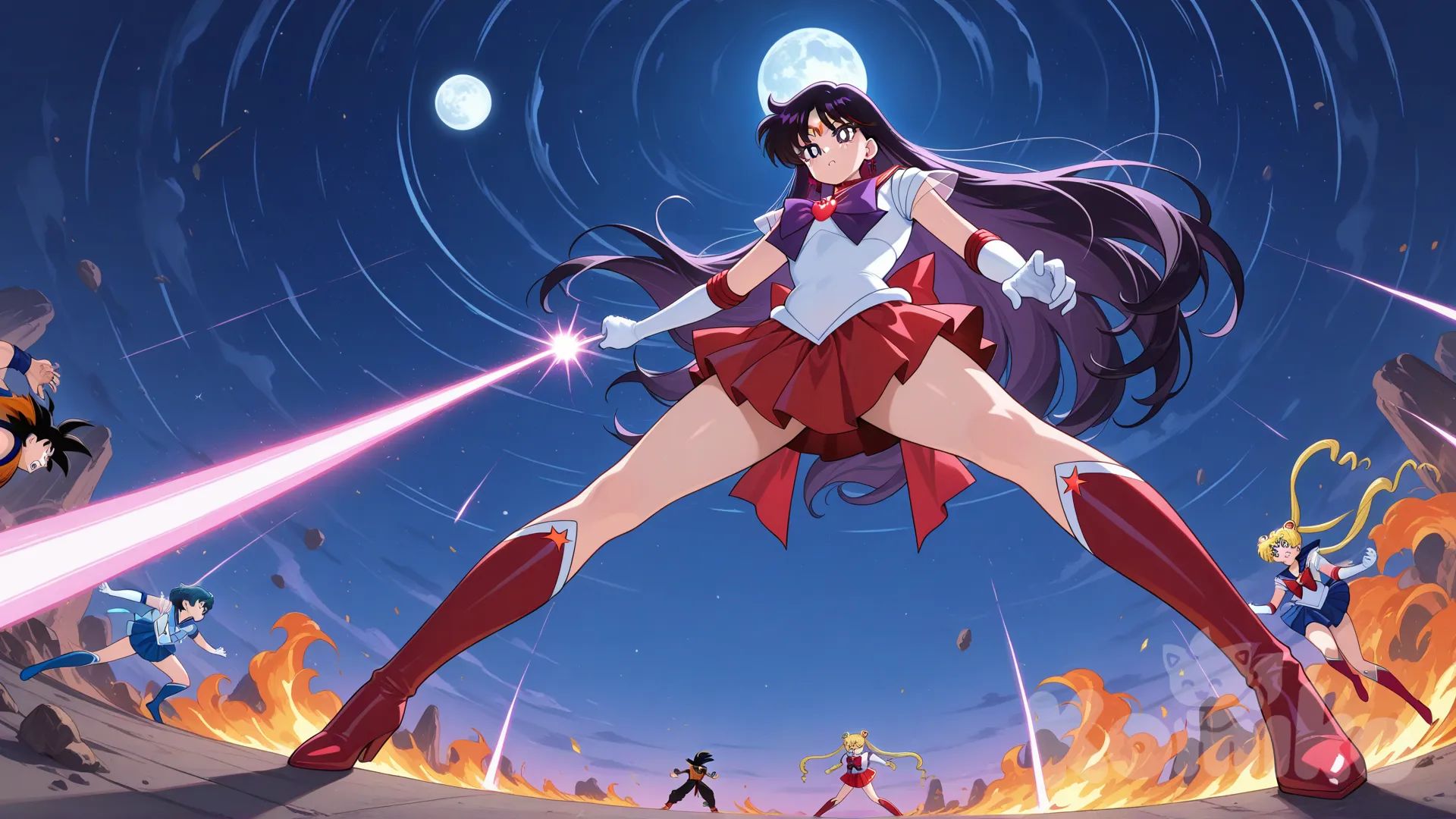 bishoujo senshi sailor moon stars, tsukino usagi, eternal sailor moon, eternal tiare rod, moon light beam, hino rei, eternal sailor mars, mizuno ami, eternal sailor mercury, water beam, fire tornado, battle, son goku, super saiyan, goku lose and confuse, moon, energy beam, full body, medium long shot, from below
