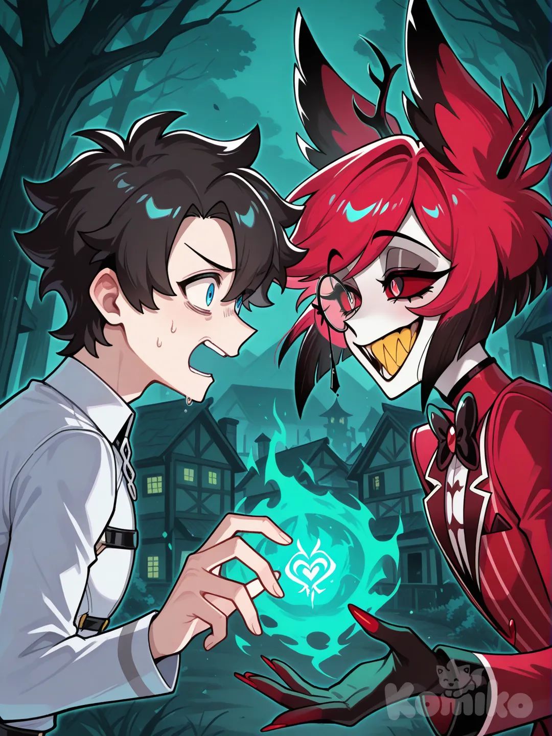 fujimaru ritsuka \(male\), fate \(series\), 1boy, blue eyes, black hair, short hair, chaldea uniform, scared, panic, 

alastor \(hazbin hotel\), hazbin hotel, 1boy, demon boy, demon, sharp teeth, horns, deer ears, yellow teeth, red eyes, red hair, short hair, black hair, red suit, suit, black bowtie, long sleeves, deer antlers, red sclera, deer boy, monocle, extending his hand, green powering up, upper body, village,

They see face to face.