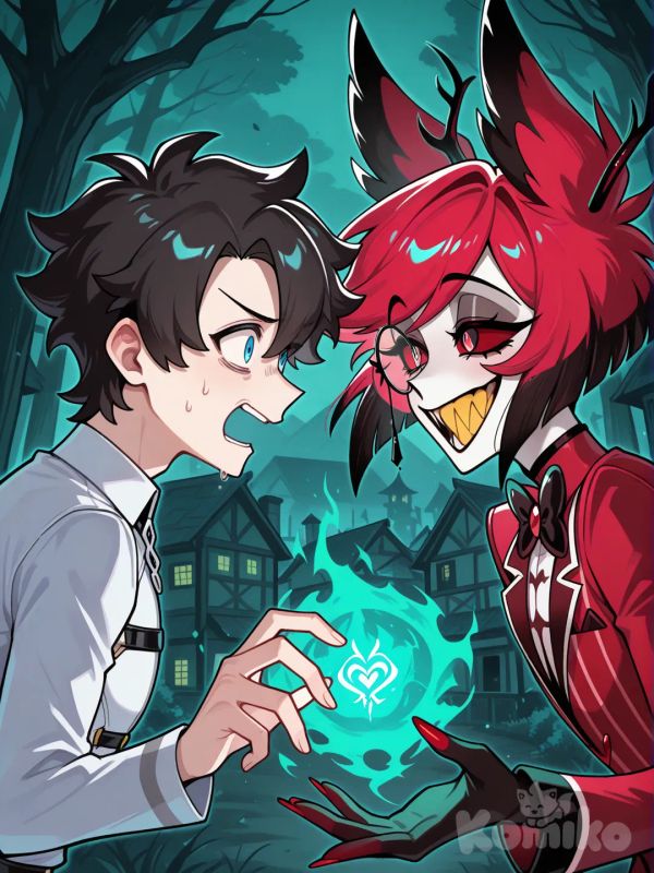 fujimaru ritsuka \(male\), fate \(series\), 1boy, blue eyes, black hair, short hair, chaldea uniform, scared, panic, 

alastor \(hazbin hotel\), hazbin hotel, 1boy, demon boy, demon, sharp teeth, horns, deer ears, yellow teeth, red eyes, red hair, short hair, black hair, red suit, suit, black bowtie, long sleeves, deer antlers, red sclera, deer boy, monocle, extending his hand, green powering up, upper body, village,

They see face to face.