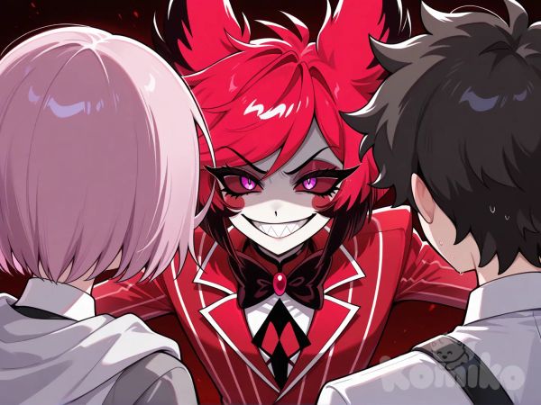 fujimaru ritsuka (male), fear, behind from mash kyrielight. 

mash kyrielight, serious, angry, face to face with @Alastor_The_Radio_Demon, firm, evil smile