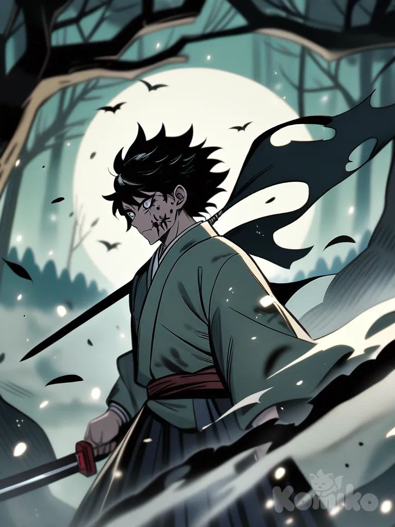 Anime-style male character, inspired by Demon Slayer, black piercing eyes, Hunter's Mark visible on face and arm, wearing white Hashira uniform with black straps, wielding blood-soaked swords. Fighting in a dark forest with low creeping fog, tall twisted trees, full moon illuminating the scene. Leaves and dust particles floating in the fog. 

Action: Charging at a demon (Oni), cutting its head with blood flying slightly, dramatic slow-motion at critical moments. Close-up on eyes and swords reflecting moonlight. Final scene: standing, breathing heavily, fog swirling around, expressing victory and determination. 

Style: Realistic anime, dynamic action, high-contrast lighting between shadows and moonlight, smooth camera following character, dark and intense atmosphere. 

Optional settings for AI video: 
- FPS: 24-30
- Duration: 20-30 seconds
- Effects: fog, leaves particles, metallic shine on swords, stylized blood
